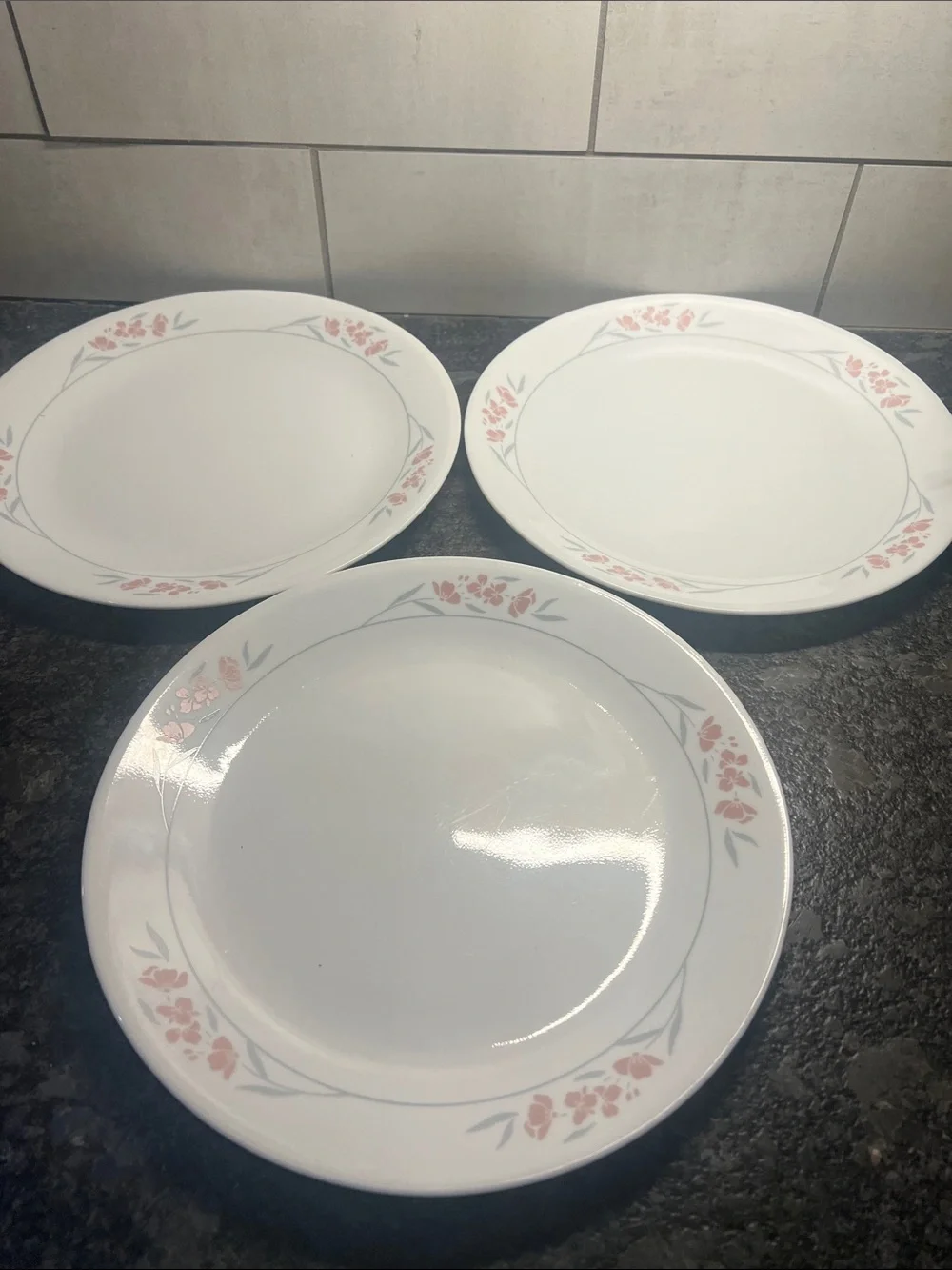 Corelle SILK BLOSSOMS White Dinner Plates with Pink Floral Border - Set of 3.